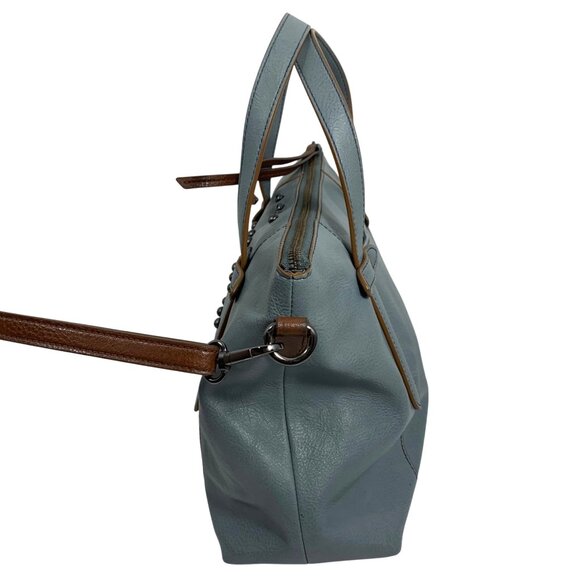 FOSSIL Dusty Blue & Brown Vegan Leather Studded Shoulder Crossbody Bag Tote - Picture 2 of 13